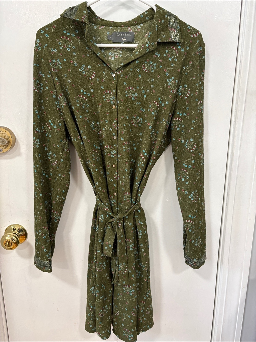 Cotélac Olive Green Floral Long-Sleeve Tie-Waist Dress
